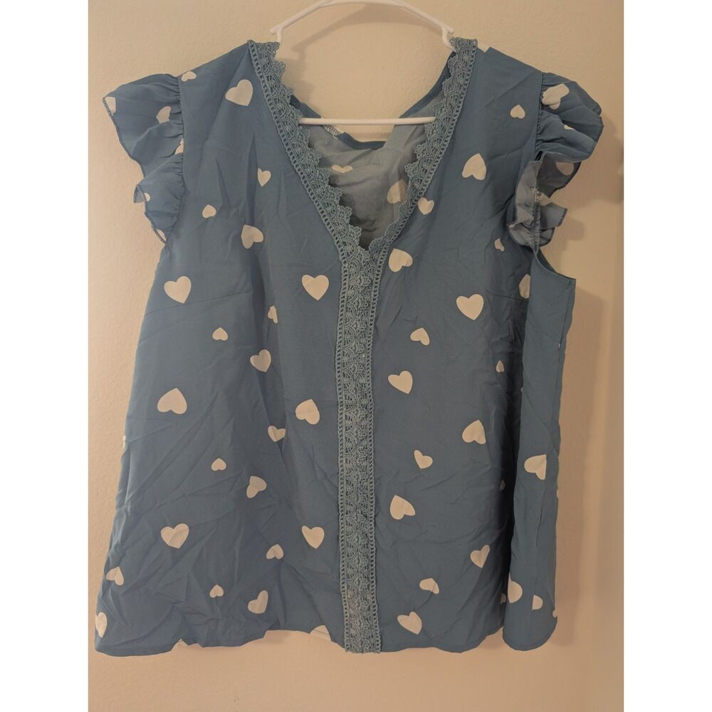 SHEIN Women’s Blue Heart Print Blouse – Size 2XL – NWOT – Ruffle Sleeve
